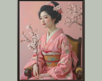 Geisha With Cherry Blossom, Original Oil Painting, Japanese Wall