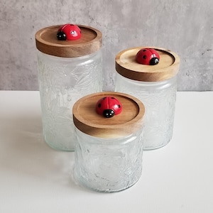 May include: Three clear glass jars with wooden lids, each topped with a red ladybug figurine. The jars have a textured floral pattern and are arranged on a white surface against a gray background. The ladybugs have black spots and heads.