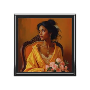 Jewelry Box, Caribbean Woman Portrait, Victorian Style, Yellow Dress, Pink Roses, Feather Adornment, Val Klein Art, Home Decor