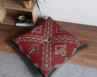 Geometric Folk Pattern Tufted Floor Pillow | Red Tribal Square Cushion