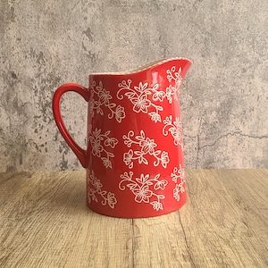 Red Stoneware Pitcher – Floral Wax Resist Pottery Jug, Farmhouse Cottagecore Vase