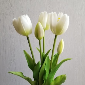 Artificial Flowers, Artificial Tulips, White Tulips, 5-Head White Indoor/Outdoor Real Touch Tulip Bunch
