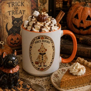 May include: A white ceramic mug with an orange handle and rim, featuring a central oval illustration of a clown character labeled Percy Patches. The mug is filled with whipped cream, chocolate drizzle, marshmallows, and a cinnamon stick.