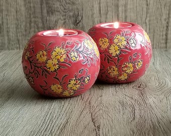 Tealight Holder, Yellow/Red Chrysanthemum Ceramic Globe Tealight Holder