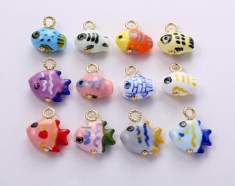 Ceramic Little Fish Charms,Multi-color Painting Porcelain Cute Animals Little Fish Pendant Necklace Earrings,for DIY Jewelry Making Supply