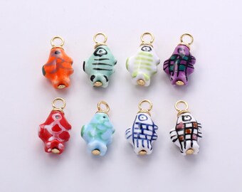 Ceramic Fish Charms,Multi-color Painting Porcelain Handcrafted Striped Little Fish Pendant Necklace Earrings,for DIY Jewelry Making Supply