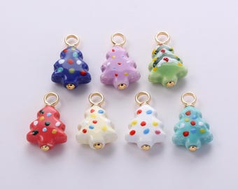Cute Christmas Tree Charms,Multi-colored Ceramic Porcelain Christmas Tree Pendant Necklace Earrings,for Christmas Gifts DIY Jewelry Making