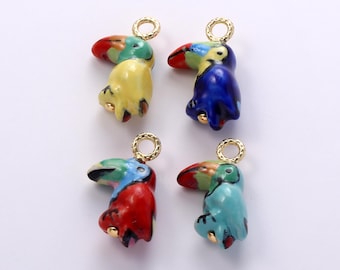 Multi-color Ceramic Parrot Charms,Painting Ceramic Porcelain Birds Animals Parrot Pendant Necklace Earrings,for DIY Jewelry Making Supply
