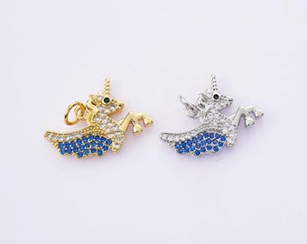 18K Gold Filled Blue White CZ Cartoon Unicorn Pegasus Charms,Cute Unicorn Pegasus Pendant Necklace Earrings,For DIY Jewelry Making Supply