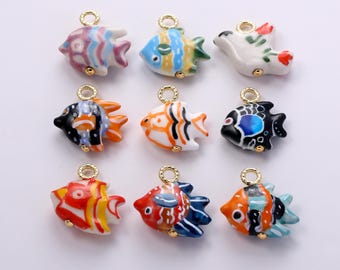 Multi-color Ceramic Fish Charms,Porcelain Gorgeous Patterned Deep Sea Little Fish Pendant Necklace Earrings,for DIY Jewelry Making Supply