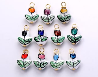 Ceramic Flower Tulip Charms,Multi-color Painting Porcelain Single Blooming Tulip Pendant Necklace Earrings,for DIY Jewelry Making Supply