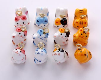 Ceramiczne zawieszki na szczęście z kotem, wielokolorowa porcelana z uroczym naszyjnikiem i kolczykami z kotem na szczęście, do samodzielnego wyrobu biżuterii