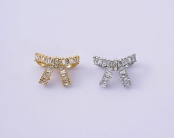 18K Gold Filled White Shiny Zircon Ribbon Bow Charms,Cute Small Ribbon Bow Pendant Necklace Earrings,For DIY Jewelry Making Supply