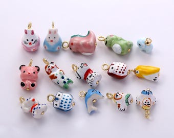 Multi-color Ceramic Animals Charms,Painting Porcelain Cute Cartoon Cat Rabbit Dinosaur Owl Pendant Necklace Earrings,for DIY Jewelry Making
