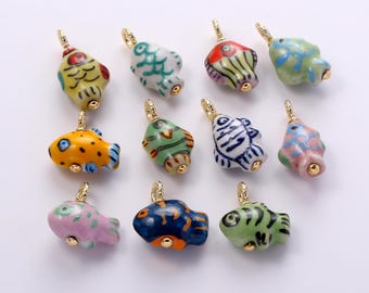 Multi-color Ceramic Fish Charms,Vintage Style Painting Porcelain Striped Little Fish Pendant Necklace Earrings,for DIY Jewelry Making Supply