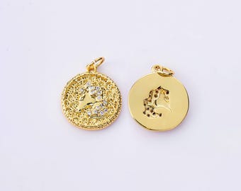 18K Gold Filled Gold Miro Pave CZ Round Unicorn Pegasus Charms,Unicorn Pegasus Pendant Necklace Earrings,For DIY Jewelry Making Supply