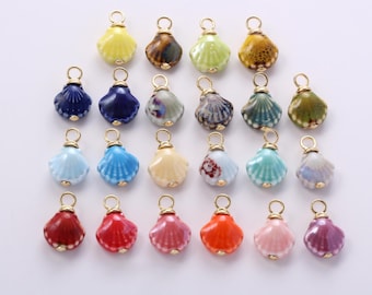 Ceramic Shell Charm,Boho Style Multi-color Painting Porcelain Beach Scalloped Shell  Pendant Necklace Earrings,for DIY Jewelry Making Supply
