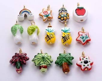 Wielokolorowe ceramiczne zawieszki z owocami i warzywami, naszyjnik z porcelany z ananasem, kapustą, tulipanem i stokrotką, do samodzielnego tworzenia biżuterii