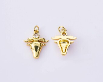 18K Gold Filled Handmade Cute Micropavé CZ Bull Head Charms,Amulet Bull Head Pendant Necklace Earrings,For DIY Jewelry Making Supply