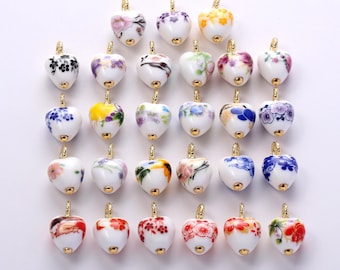 Multi-color Heart Charms,Painting Ceramic Porcelain Exquisite Flower Pattern Heart Pendant Necklace Earrings,for DIY Jewelry Making Supply