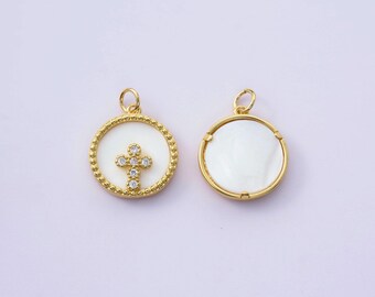 18K Gold Filled Gold Christianity Shell CZ Cross Charms,Simplicity Cross Pendant Bracelet Necklace Earrings,For DIY Jewelry Making Supply