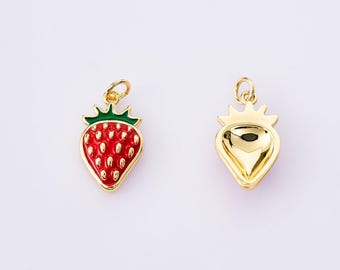 18K Gold Filled Minimalist Fruit Strawberry Charms,Red Green Enamel Strawberry Pendant Necklace Earrings,For DIY Jewelry Making Supply