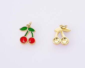 18K Gold Filled Cute Summer  Fruit Cherry Charms, Small Red Green Enamel Cherry Pendant Necklace Earrings,For DIY Jewelry Making Supply