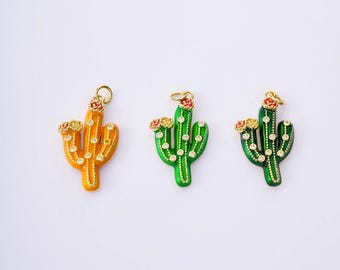 18K Gold Filled Bohemia Rainbow Enamel Cactus Charms,Simple Cute Cartoon Cactus Pendant Necklace Earrings,For DIY Jewelry Making Supply