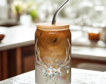 Floral Glass Tumbler, Deer Antler Gift, Gift for Women, Coffee lover Gift, Coffee Lover Wedding Gift, Bridesmaid Gift, 16oz Glass Cup
