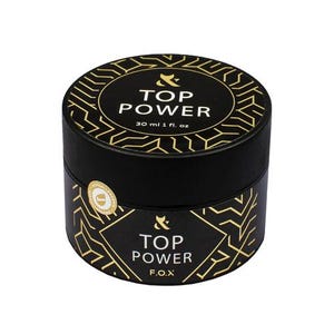 Może przedstawiać: Czarny słoik z złotymi akcentami i tekstem "& TOP POWER 30 ml 1 fl. oz" na pokrywce i "& TOP POWER F.O.X" na spodzie.