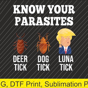May include: A black graphic with white text that reads "KNOW YOUR PARASITES." Below are illustrations of a deer tick, dog tick, and a cartoon of a person with the text "LUNA TICK."