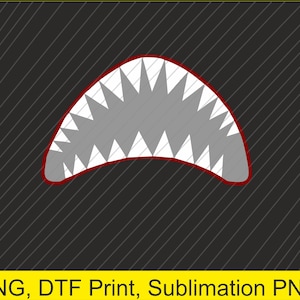 May include: A graphic of a shark's mouth with sharp white teeth, outlined in red, set against a dark gray background with diagonal lines. The text "PNG, DTF Print, Sublimation PNG" is at the bottom.