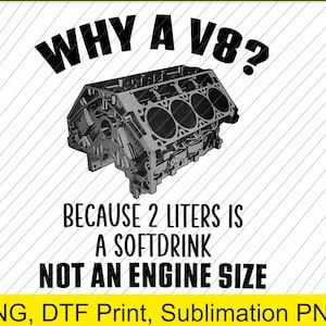 May include: A grayscale image of a V8 engine block with the text "WHY A V8? BECAUSE 2 LITERS IS A SOFTDRINK NOT AN ENGINE SIZE". The image is on a white background with diagonal lines.