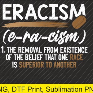 Peut inclure: Graphique noir avec le mot "ERACISM" en blanc, avec un accent marron et une définition en dessous. La définition indique : "1. LA SUPPRESSION DE LA CROYANCE QU'UNE RACE EST SUPÉRIEURE À UNE AUTRE."