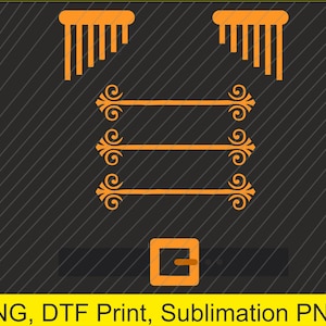 May include: Orange graphic design on a black background. The design includes two sets of vertical lines at the top, three horizontal lines with decorative ends, and a belt buckle at the bottom. The text at the bottom says "PNG, DTF Print, Sublimation PNG".