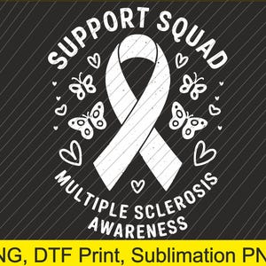 Może przedstawiać: Biały projekt graficzny z białą wstążką, motylami i sercami. Tekst brzmi "Support Squad Multiple Sclerosis Awareness".