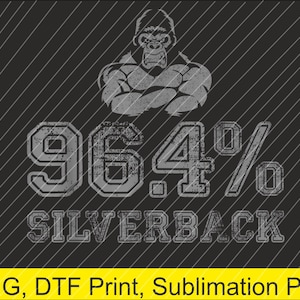 Könnte beinhalten: Graue Grafik auf schwarzem Hintergrund mit Gorilla-Illustration, den Zahlen "96,4%" und dem Wort "SILVERBACK". Das Bild hat ein diagonales Streifenmuster und ist für den Druck geeignet.