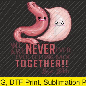 May include: A cartoon illustration of a pink stomach and intestines with faces on a black background. Text reads "WE ARE NEVER EVER GETTING BACK TOGETHER!! + Size Bitch".