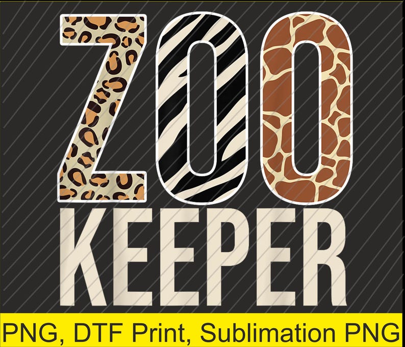 May include: A graphic design with the words "ZOO KEEPER" in a bold, white font. The letters "ZOO" are filled with animal print patterns: leopard spots, zebra stripes, and giraffe spots. The background is black with diagonal white lines.