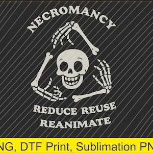 May include: Black and white graphic design featuring a grinning skull with skeleton hands and bones, surrounded by the words "NECROMANCY" and "REDUCE REUSE REANIMATE" on a black background with diagonal lines.