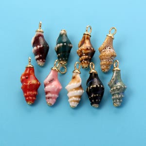 Puede incluir: Una colección de diez pequeños colgantes de conchas marinas, cada uno con un patrón de color único que incluye rojo, rosa, blanco, negro, marrón y verde, rematados con una anilla de metal dorado, dispuestos en dos filas sobre un fondo azul.
