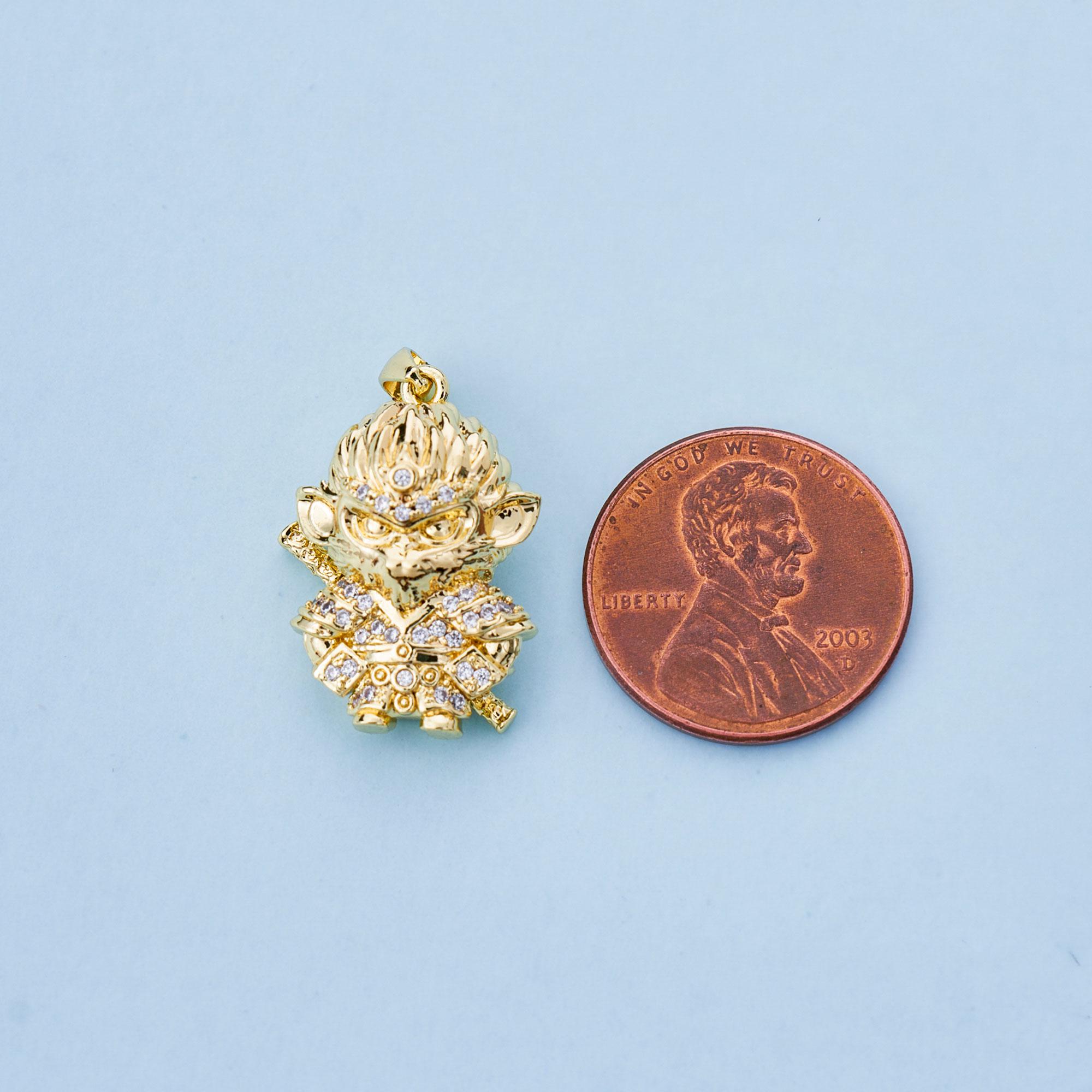 Monkey King Charm,18k Gold Filled Mythological Wukong CZ Fighting