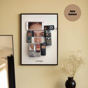 Face in Phones Digital Poster | Collage of Vintage Phones | Retro Aesthetic Wall Decor | Retro Nostalgic Tech Art | Mobile Devices | Hacker