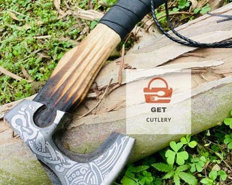Hand Forged Viking Axe, Engraved Steel Blade, Leather Wrapped Handle, Norse Collectible