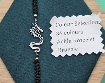 Pulsera de macramé con dragón y serpiente: cordón ajustable y dije de acero inoxidable