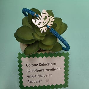 Macrame Cat Anklet Bracelet: Stainless Steel Charm, Adjustable