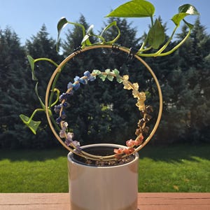 Stone beaded two loop plant trellis in gold or black - custom