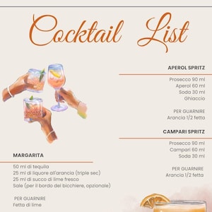 Può includere: Un menu di cocktail con illustrazioni di bevande e ingredienti. Il menu include ricette per una Margarita, un Aperol Spritz e un Campari Spritz. Ogni ricetta elenca gli ingredienti e le guarnizioni necessarie.