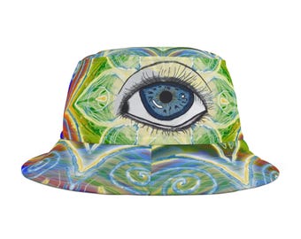 May include: A green, blue, and yellow bucket hat with a large blue eye and colorful swirling patterns.