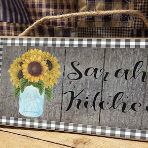 Personalized Farmhouse Kitchen Custom Buffalo Check Mason Jar Sunflowers 5" x 10" SIGN Wall Plaque For INDOOR USE